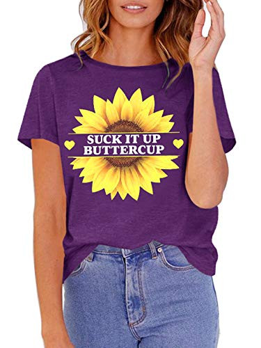 Women's Cute Sunflower Graphic T Shirts Letter Print Short Sleeve O Neck Summer Casual Cotton Tees Tops Purple