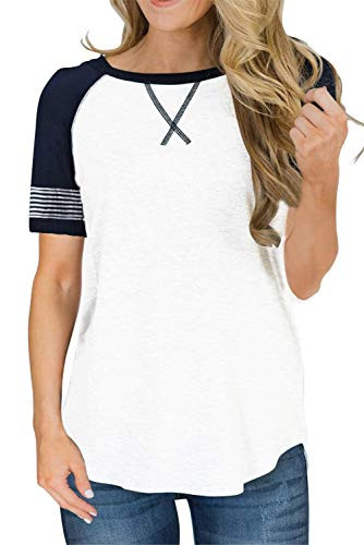 FEKOAFE Womens Plus Size Blouses Round Neck Short Sleeve Striped Loose Fitting Tops White Blouse XXL