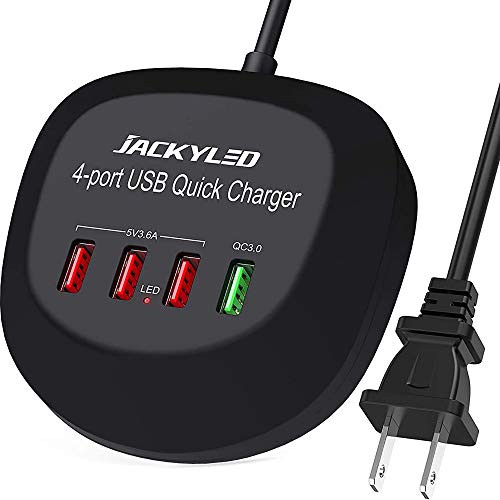 USB Charger Hub with Quick Charge 3.0 JACKYLED 4 USB Ports Portable Fast Charging Station for Multiple Devices Compatible with iPhone iPad Galaxy Home Office Nightstand Desktop Travel Cruise Black