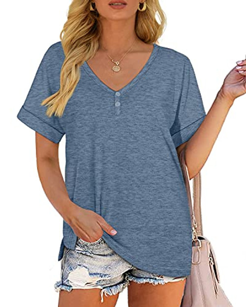 Womens Summer Tops Short Sleeve Loose Fit V-Neck T-Shirts Blue XL Womens Summer Tops Short Sleeve Loose Fit V-Neck T-Shirts Blue XL