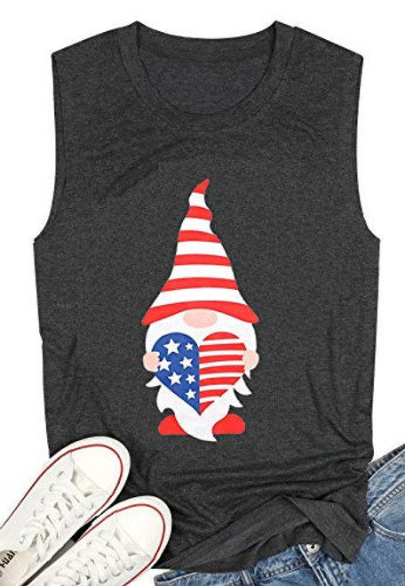 Gnomes 4th of July T Shirt Women American Flag Graphic Tees Funny Patriotic Shirts Casual Short Sleeve Tops -Gray-Tank- L-