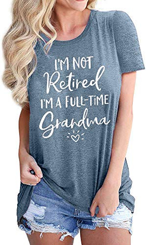 MYHALF Grandma T-Shirt Women I'm Not Retired I'm A Full-Time Grandma Shirt Blessed Nana Tops Casual Print Tee Tops Blue