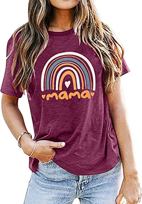 MYHALF Mama Shirt Women Funny Rainbow Shirts Mothers Day T Shirt Funny Graphic Casual Print Tee Tops -Wine Red- L- MYHALF Mama Shirt Women Funny Rainbow Shirts Mothers Day T Shirt Funny Graphic Casual Print Tee Tops -Wine Red- L-