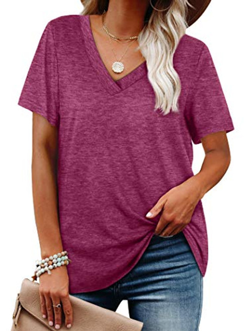 NSQTBA Plain T Shirts for Women Soft V Neck Short Sleeve Tops Loose Tees Purple M