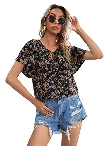 SheIn Women's Ditsy Floral Tie Neck Blouse Tops Short Sleeve Boho Shirt Multicolor M