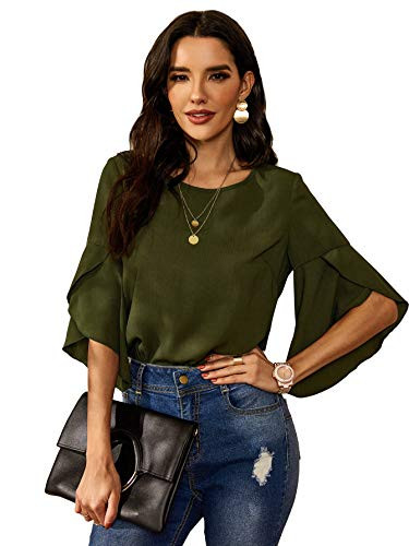 SweatyRocks Women's Casual Flounce Short Sleeve Top Round Neck Blouse Shirt Amy Green S