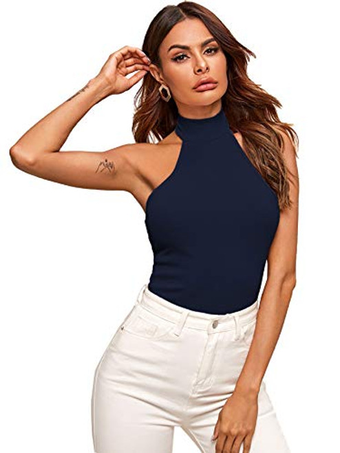 SweatyRocks Women's Knit Crop Top Ribbed Sleeveless Halter Neck Vest Tank Top Navy XL