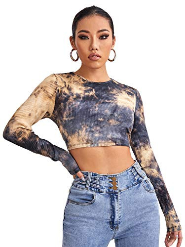 Floerns Women's Casual Tie Dye Long Sleeve Round Neck Rib Knit Crop Top Tee Multicoloured XS