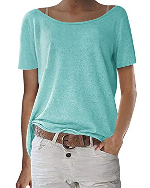 ZANZEA Women's Short Sleeve Casual T Shirt Solid O Neck Loose Knit Tops Blouse Pullover Light Blue M