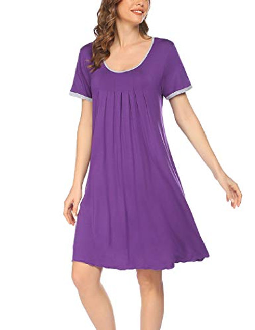PEATAO Nightgown for Women Short Sleeve Sleep Dress Crewneck Night Shirts Comfy Loose Sleepwear Purple S