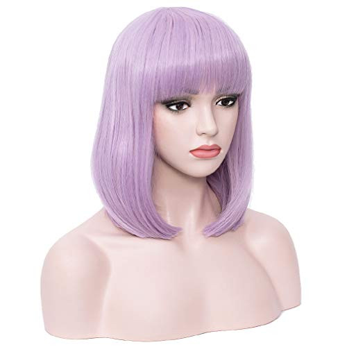 RightOn Short Bob Wigs Short Straight Wig with Flat Bangs Synthetic Colorful Cosplay Daily Party Wig for Women Wig Cap Included -Light Purple- RightOn Short Bob Wigs Short Straight Wig with Flat Bangs Synthetic Colorful Cosplay Daily Party Wig for Women Wig Cap Included -Light Purple-