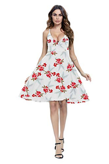 casuress Women's Dress V Neck Floral Sundress Spaghetti Strap Summer Casual Swing Dress with Pocket White