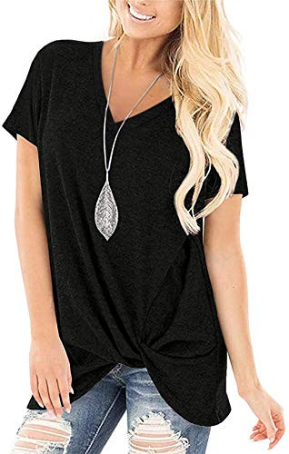 Women's Comfy Casual V Neck T Shirts Short Sleeve Loose Twist Knot Tunic Tops Blouse 3XL Black