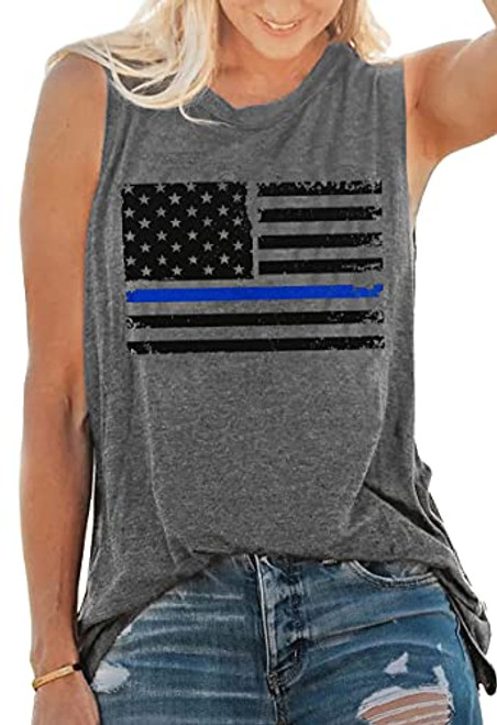 American Flag Tank Tops Women Patriotic Shirt USA Flag Stars Stripes Print Sleeveless T-Shirt 4th of July Tee Tops -Grey-Blue- Large-