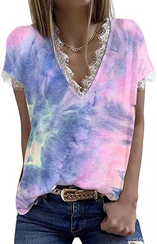 Womens V Neck Lace Tank Tops Summer Short Sleeve Tunic Loose Casual T Shirts