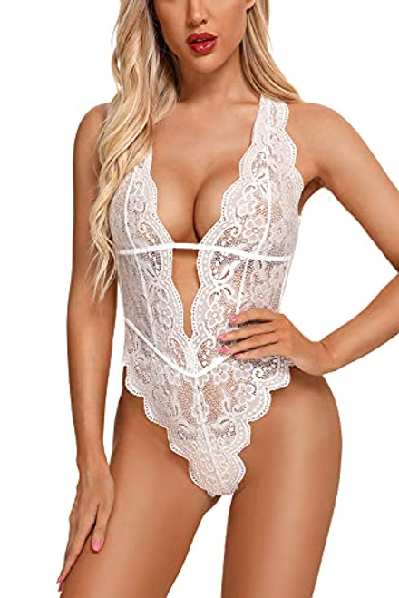 Aranmei Sexy Lingerie for Women Hollow Out Floral Lace Bodysuit One Piece Lingerie Deep V Teddy Babydoll Underwear Large White Aranmei Sexy Lingerie for Women Hollow Out Floral Lace Bodysuit One Piece Lingerie Deep V Teddy Babydoll Underwear Large White