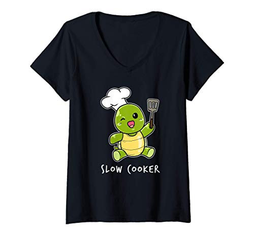 Womens Funny Slow Cooker Baby Turtle Cooking Tortoise Kitchen V-Neck T-Shirt
