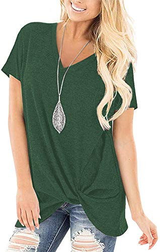 Women's Comfy Casual V Neck T Shirts Short Sleeve Loose Twist Knot Tunic Tops Blouse L Green