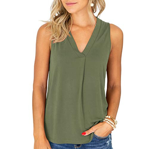 BESFLY Womens Sleeveless V Neck Tank Tops Summer Shirts and Blouses for Women Flowy Cute Cropped Tunic Tank Tops Casual Ruched Workout Army Green XL