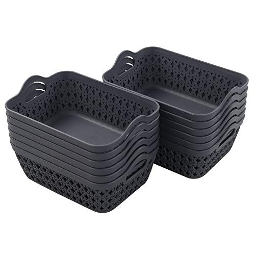 Jandson Grey Woven Storage Basket Tray- Mesh Rattan Small Plastic Baskets with Handles- 12 Packs