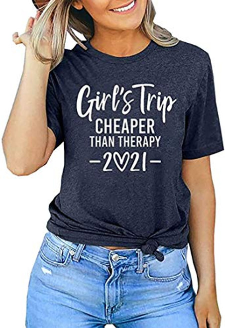 Girl's Trip Cheaper Than Therapy 2021 Shirt Funny Girls Night Out Shirt Women Summer Vacations Casual Tshirt Hiking Tee -X-Large- Dark Blue-