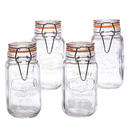 Airtight Bail & Trigger Quality Glass 5 Ounce Spice Jar Bottle Canister With Lid Set Of 4 For Home Kitchen, Arts & Crafts Projects,Snack Foods Herbs, Spices  By Home Essentials & Beyond
