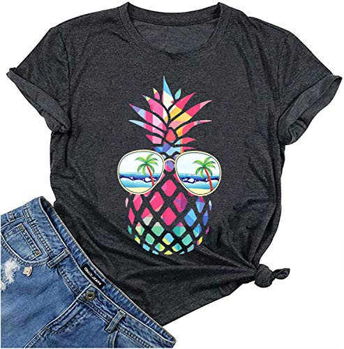 Pineapple Beach Shirt Women Funny Graphic Tees Casual Summer Short Sleeve Tops T Shirt -Dark Gray- L-