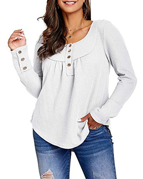 Womens Plus Size Waffle Knit Tunic Tops Long Sleeve Button Up Henley Shirts Casual Pleated Blouses White Womens Plus Size Waffle Knit Tunic Tops Long Sleeve Button Up Henley Shirts Casual Pleated Blouses White
