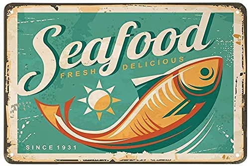 Tomlinsony Metal Tin Sign Seafood Sun Restaurant Fresh Delicious Eat Body Cooking Triangle Head Wall Decoration for Outdoor Home Bar Cafe Club 7.8x11.8 Inch