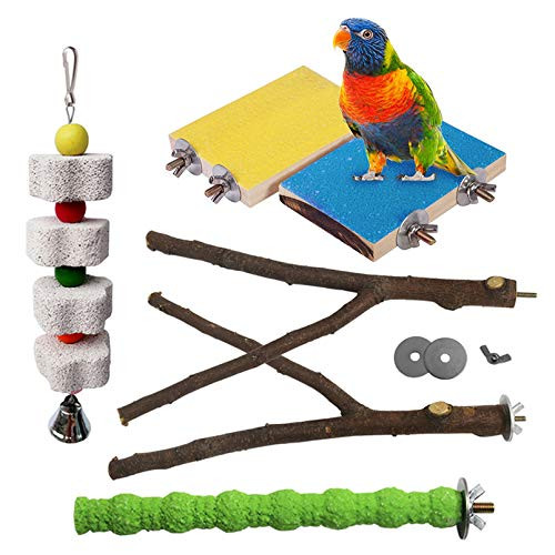 kathson Parrot Perch Stand Platform- Bird Stand Toys Natural Wood Playground Stick Paw Grinding with Birds Chewing Toy for Parakeet Budgies Cockatiel Conure Lovebirds-6PCS-