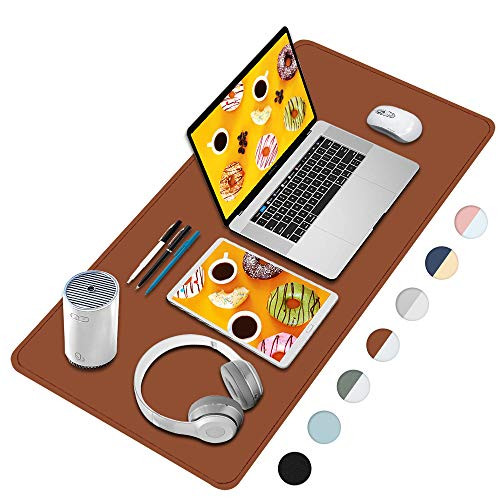 DCMEKA PU Leather Desk Pad- Dual-Sided Desk Mat- Large Mouse Pad- Laptop Keyboard Desk Blotter Protector- Waterproof Desk Writing Mat for Office/Home-Brown/Grey- 90x45CM-