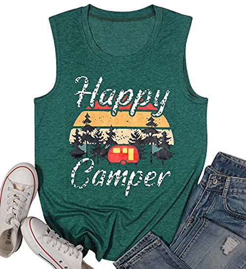 Happy Camper T-Shirt for Women Letter Print Cute Graphic Shirts Short Sleeve Casual Camping Tee Tops -Green 1- S-