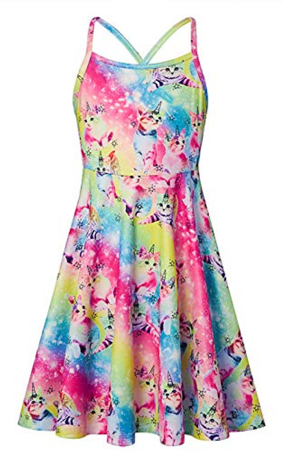 RAISEVERN Kids Dress Spaghetti Strap Rainbow Unicorn Cat Cami Dresses Cute Skater Sundress Above Knee A-Line Sling Casual Twirly Swing Outfits for Girls Size 8-9 Years Old