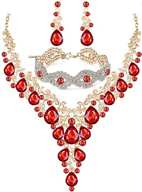 Paxuan Silver Gold Wedding Bridal Bridesmaid Austrian Crystal Rhinestone Jewelry Sets Statement Choker Necklace Drop Dangle Earrings Sets for Wedding Party Prom -Necklace Plus Earring Plus Bracelet -Red--