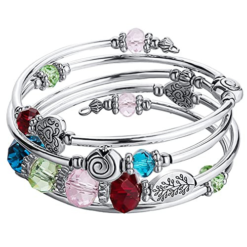 Bead Crystal Wrap Bangle Bracelet - Fashion Jewelry Pearl Bracelet with Silver Metal- Gifts For Women -Colorful-