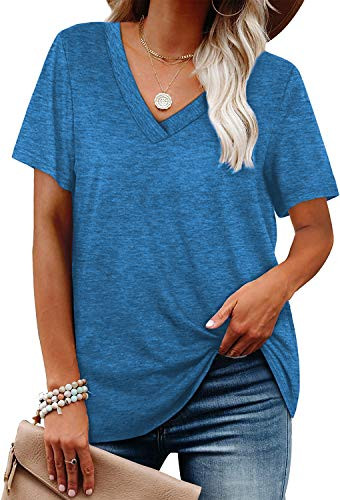Women's Short Sleeve V Neck T Shirts Loose Fit Soft Basic Tee Casual Tops Blue