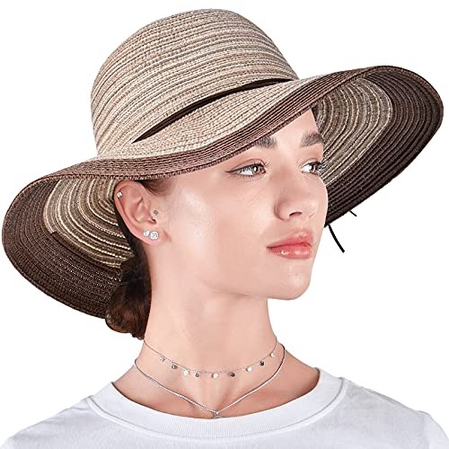 Womens Sun Straw Hat - Wide Brim Floppy Beach Hats UV UPF 50 Protection Summer Hat Foldable Roll up Cap for Women Brown Womens Sun Straw Hat - Wide Brim Floppy Beach Hats UV UPF 50 Protection Summer Hat Foldable Roll up Cap for Women Brown