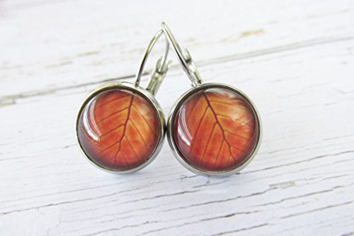 Small Burnt Orange Autumn Leaf Glass Dome Lever-back Women's Earrings Small Burnt Orange Autumn Leaf Glass Dome Lever-back Women's Earrings