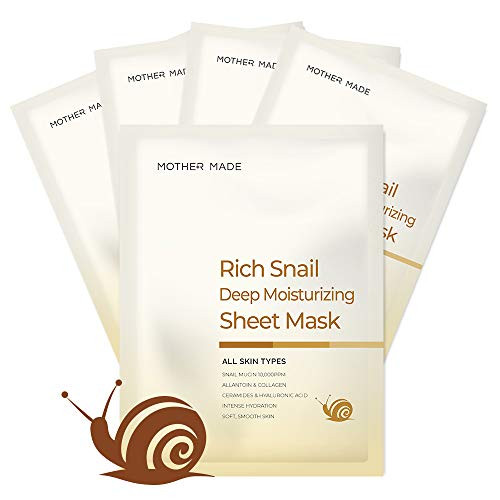 MOTHER MADE Rich Snail Deep Moisturizing Korean Face Sheet Pack of 5- with Cruelty-free Snail Mucin- Collagen- Vitamin C  and  E- Hyaluronic Acid - Hydrating- Anti-aging- Unscented- Natural- Clean Beauty MOTHER MADE Rich Snail Deep Moisturizing Korean Face Sheet Pack of 5- with Cruelty-free Snail Mucin- Collagen- Vitamin C  and  E- Hyaluronic Acid - Hydrating- Anti-aging- Unscented- Natural- Clean Beauty