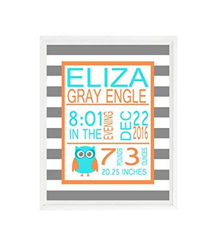 Owl Birth Stat Wall Art- Owl Nursery- Baby Boy Nursery- Baby Girl- Orange Turquoise Gray- Personalized Birth Stats- Baby Announcement- Gift