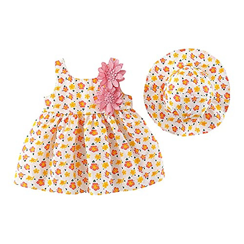 PVCS Kids Toddler Baby Girls Summer Floral Dress Backless Sundress Sleeveless Princess Dresses with Hat Outfits Clothes Orange