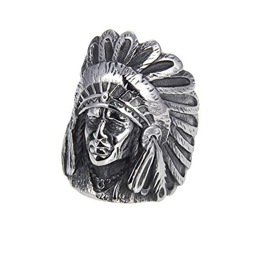 Oakky Men's 316L Stainless Steel Retro Silver Hip Hop Native American Indian Chief Feather Headdress Skull Head Biker Ring Gothic Punk Size 13
