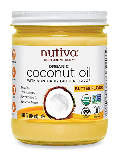 Nutiva Organic Coconut Oil with Butter Flavor from non-GMO, Steam Refined, Sustainably Farmed Coconuts, 14-ounce Nutiva Organic Coconut Oil with Butter Flavor from non-GMO, Steam Refined, Sustainably Farmed Coconuts, 14-ounce