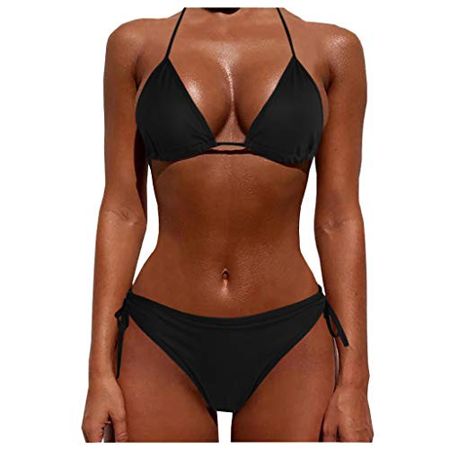 KoLan Women's Bikini Two Piece Swimsuit Push Up Padded Bra Triangle Bottoms G-String Bathing Suit Black
