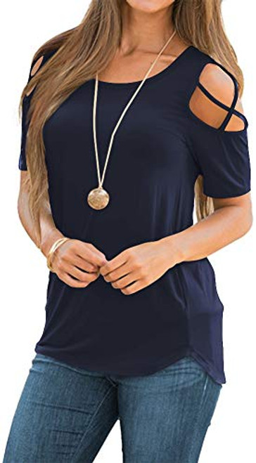 NILOUFO Womens Summer T Shirts Short Sleeve Tunic Strappy Cold Shoulder Tops-02-Navy Blue- Large- NILOUFO Womens Summer T Shirts Short Sleeve Tunic Strappy Cold Shoulder Tops-02-Navy Blue- Large-