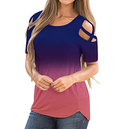 Womens Short Sleeve Shirts Blouse Summer Casual Tops Loose Fit Graphic Tees Cute Printed Round Neck Shoulder Tshirts Purple