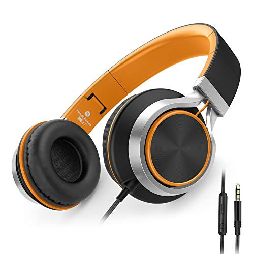 AILIHEN C8 Wired Folding Headphones with Microphone and Volume Control for Cellphones Tablets Android Smartphones Chromebook Laptop Computer Mp3/4 -Black/Orange- -Renewed-