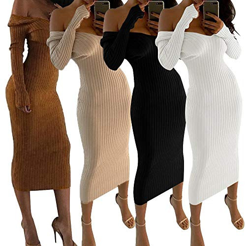 HGWXX7 Womens Off Shoulder Bodycon Knit Dress Sexy V Neck Long Sleeve Club Maxi Long Dresses White HGWXX7 Womens Off Shoulder Bodycon Knit Dress Sexy V Neck Long Sleeve Club Maxi Long Dresses White
