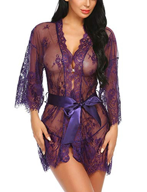 Avidlove Women's Lace Kimono Robe Babydoll Lingerie Mesh Nightgown Lingerie Set Purple M Avidlove Women's Lace Kimono Robe Babydoll Lingerie Mesh Nightgown Lingerie Set Purple M