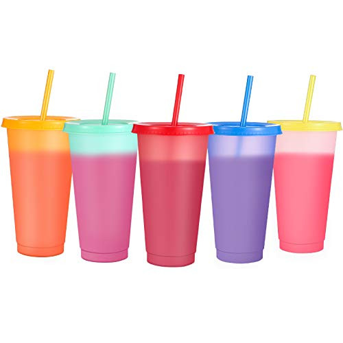 Sursip 24oz Color Changing Cups Tumblers with Lids Straws - 5 Reusable Bulk Tumblers Plastic Cold Cups for Adults Kids Tumbler